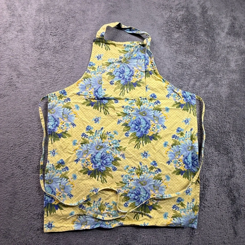 April Cornell Bib Apron Womens One Size Yellow Blue Floral Chintz Excellent